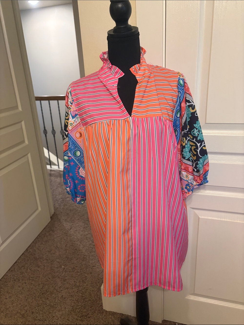 Fun Colorblock Stripe Mixed-Print Blouse in Pink & Orange